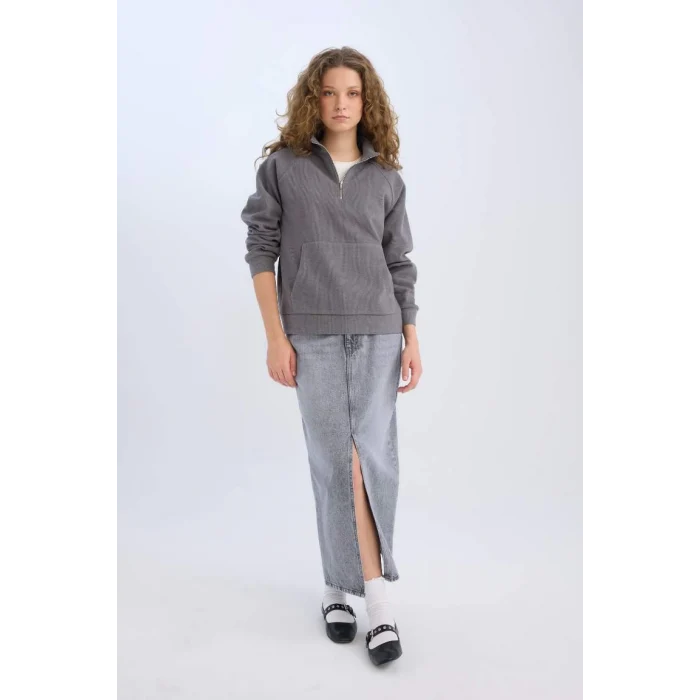 E0741 Oversize Geniş Kalıp Basic Düz Kanguru Cepli Fermuarlı Polo Yaka Sweatshirt