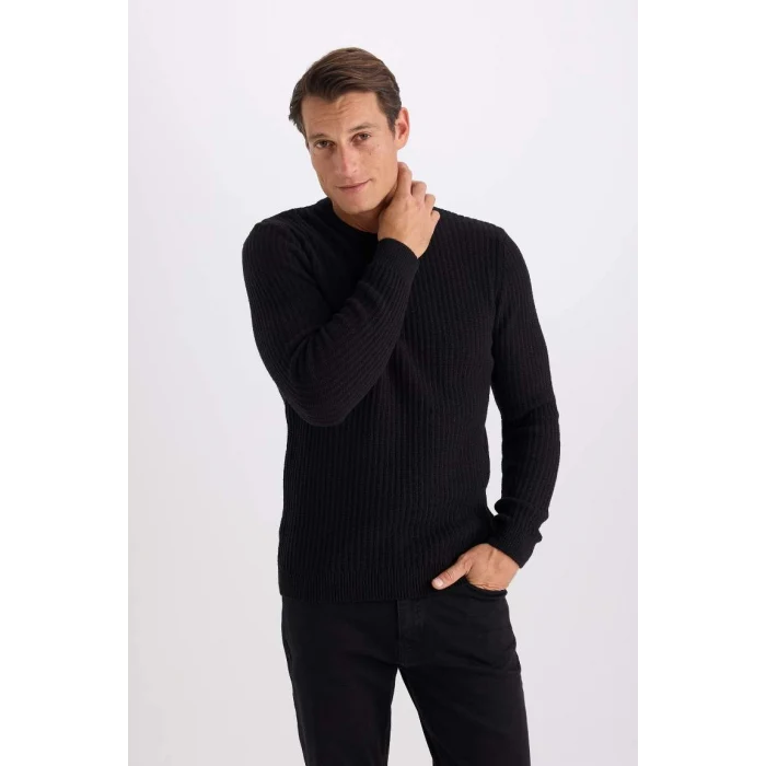 E0811 Standart Fit Bisiklet Yaka Dokulu Triko Kazak