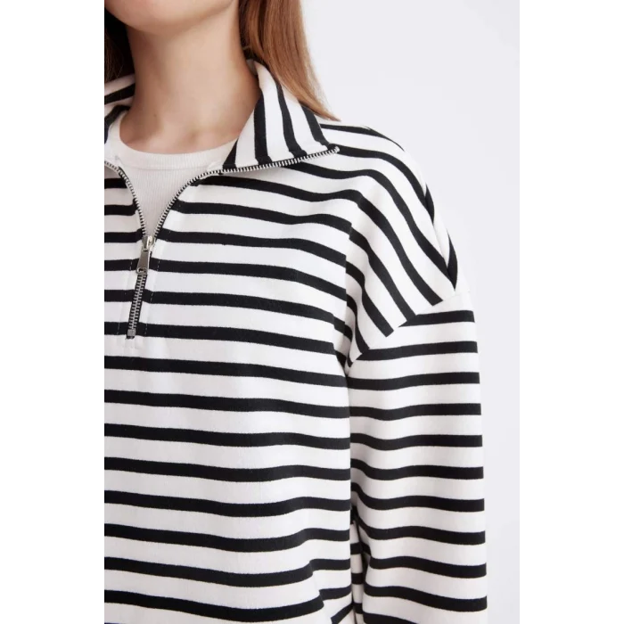 E0840 Relax Fit Dik Yaka Fermuarlı Çizgili İçi Yumuşak Tüylü Kalın Sweatshirt Tunik