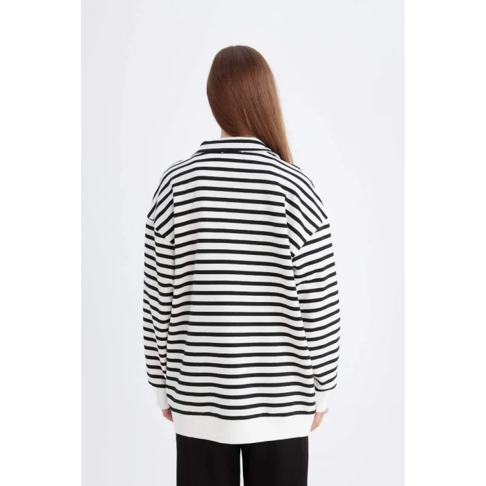 E0840 Relax Fit Dik Yaka Fermuarlı Çizgili İçi Yumuşak Tüylü Kalın Sweatshirt Tunik