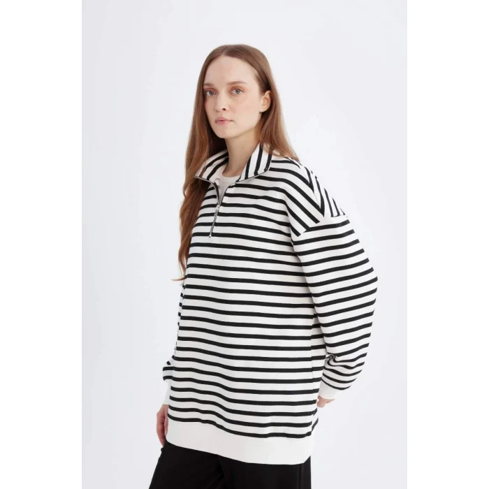 E0840 Relax Fit Dik Yaka Fermuarlı Çizgili İçi Yumuşak Tüylü Kalın Sweatshirt Tunik