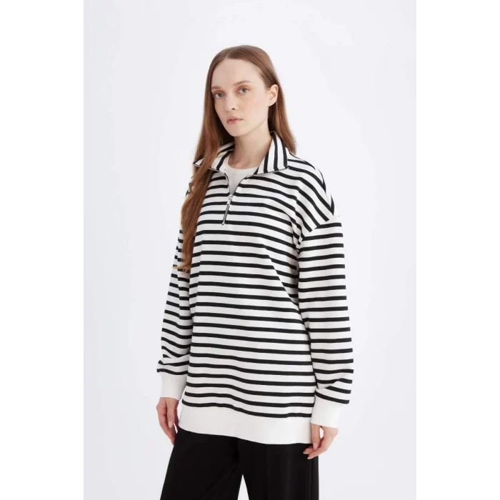 E0840 Relax Fit Dik Yaka Fermuarlı Çizgili İçi Yumuşak Tüylü Kalın Sweatshirt Tunik