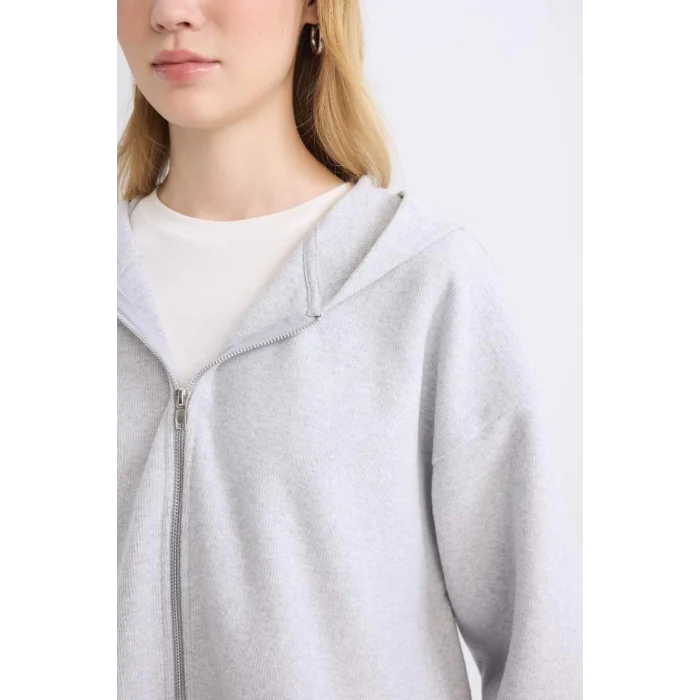 E1464 Coool Loose Fit Basic Düz Kapüşonlu Fermuarlı Sweatshirt Hırka