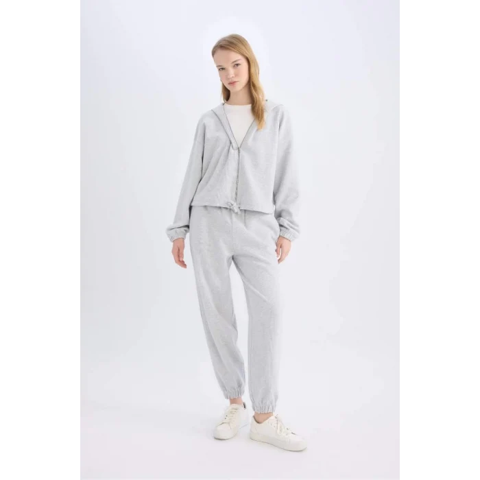 E1464 Coool Loose Fit Basic Düz Kapüşonlu Fermuarlı Sweatshirt Hırka