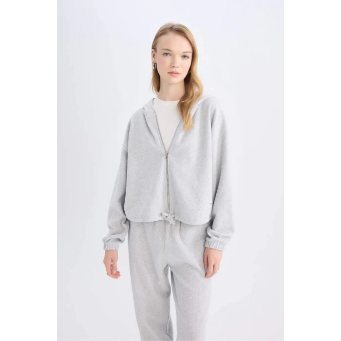 E1464 Coool Loose Fit Basic Düz Kapüşonlu Fermuarlı Sweatshirt Hırka