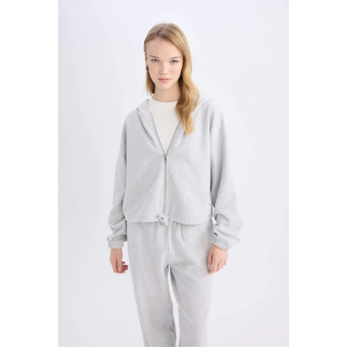 E1464 Coool Loose Fit Basic Düz Kapüşonlu Fermuarlı Sweatshirt Hırka