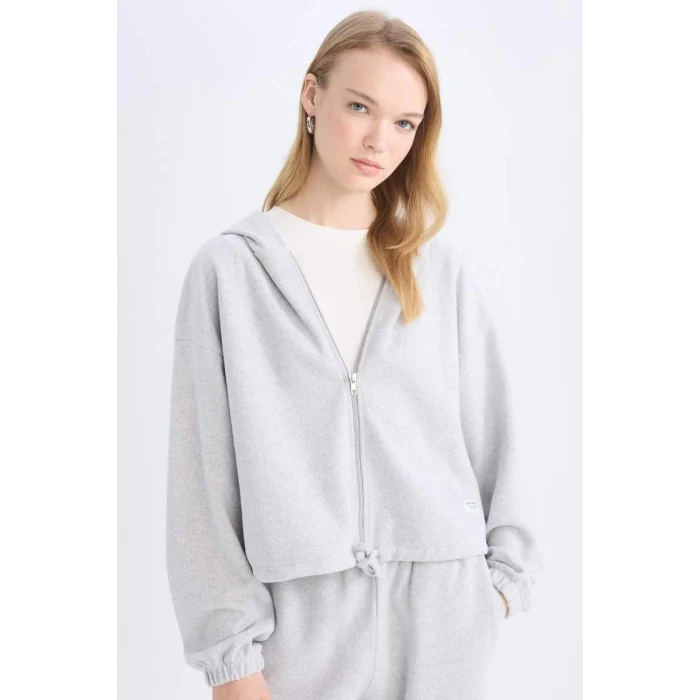 E1464 Coool Loose Fit Basic Düz Kapüşonlu Fermuarlı Sweatshirt Hırka