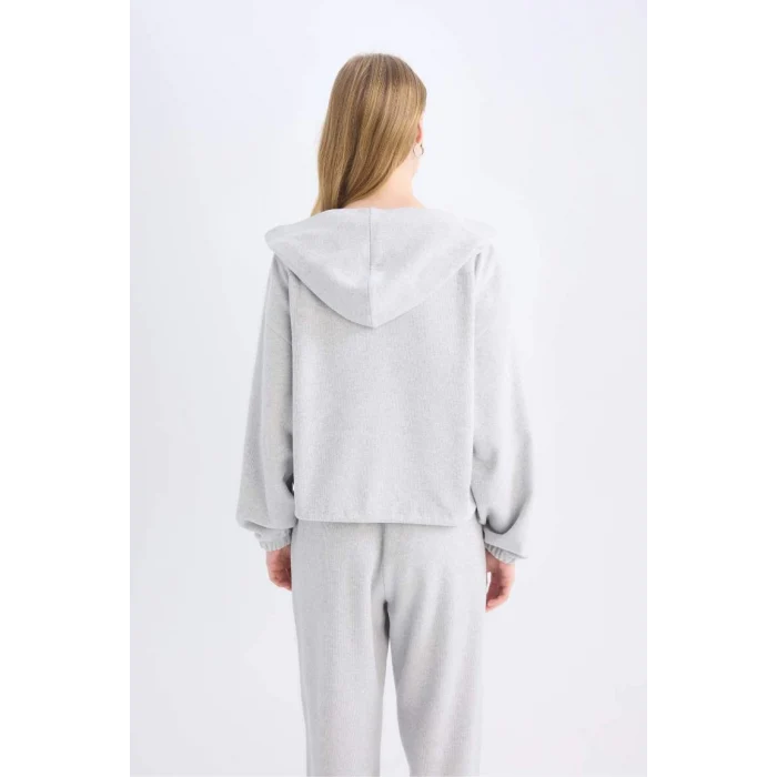 E1464 Coool Loose Fit Basic Düz Kapüşonlu Fermuarlı Sweatshirt Hırka