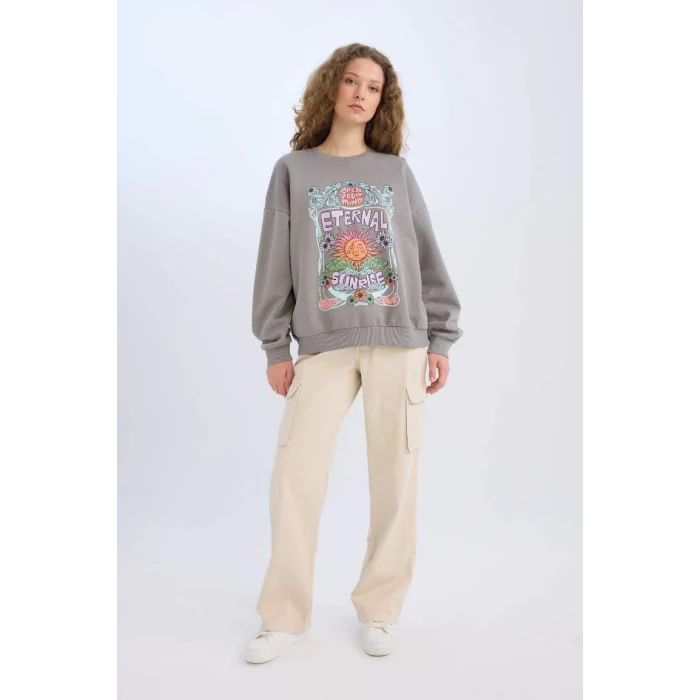 E1481 Loose Fit Bisiklet Yaka Baskılı Kalın Sweatshirt