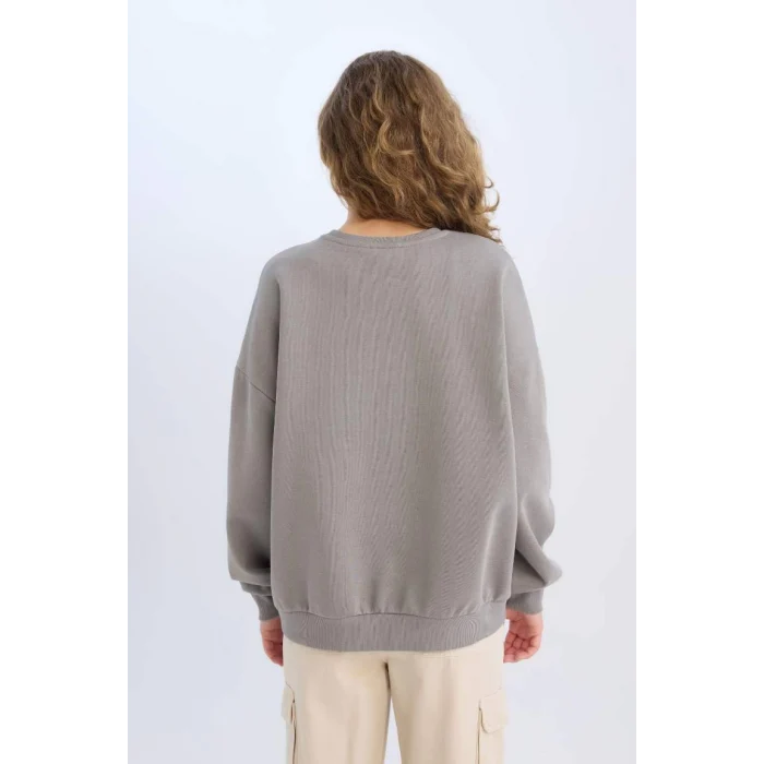 E1481 Loose Fit Bisiklet Yaka Baskılı Kalın Sweatshirt