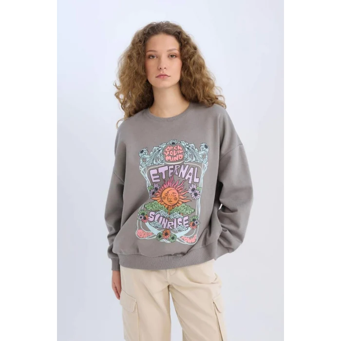 E1481 Loose Fit Bisiklet Yaka Baskılı Kalın Sweatshirt