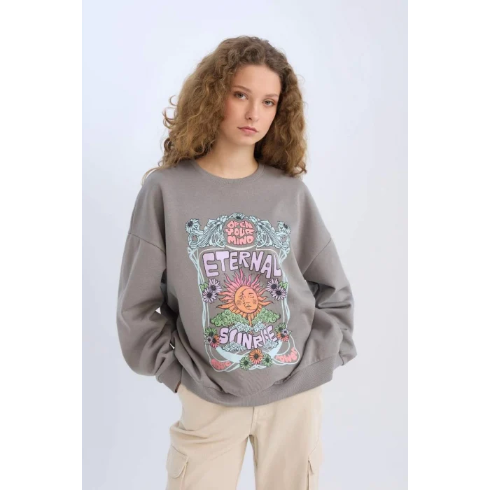 E1481 Loose Fit Bisiklet Yaka Baskılı Kalın Sweatshirt