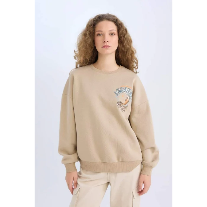 E1488 Loose Fit Bisiklet Yaka Sırt Baskılı Kalın Sweatshirt