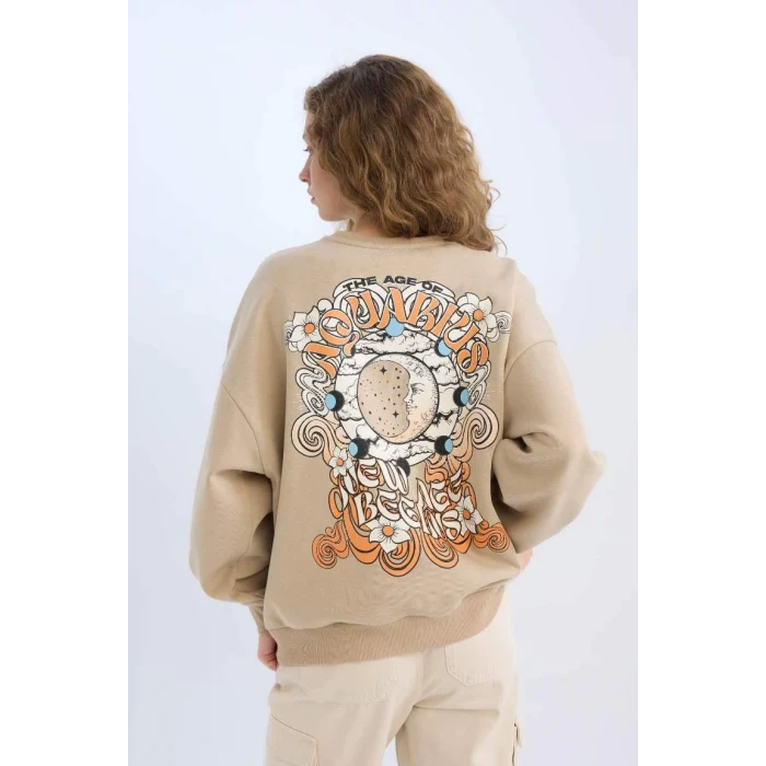 E1488 Loose Fit Bisiklet Yaka Sırt Baskılı Kalın Sweatshirt