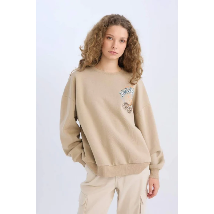 E1488 Loose Fit Bisiklet Yaka Sırt Baskılı Kalın Sweatshirt