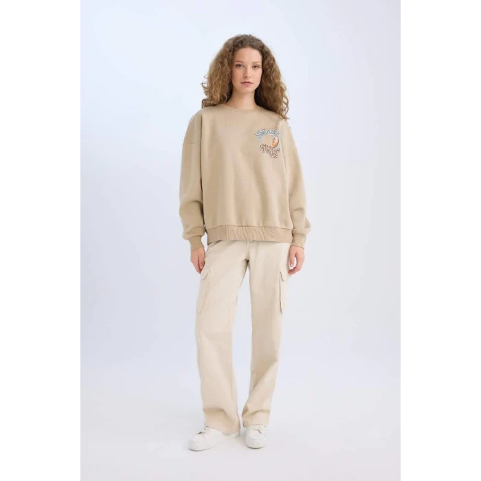 E1488 Loose Fit Bisiklet Yaka Sırt Baskılı Kalın Sweatshirt