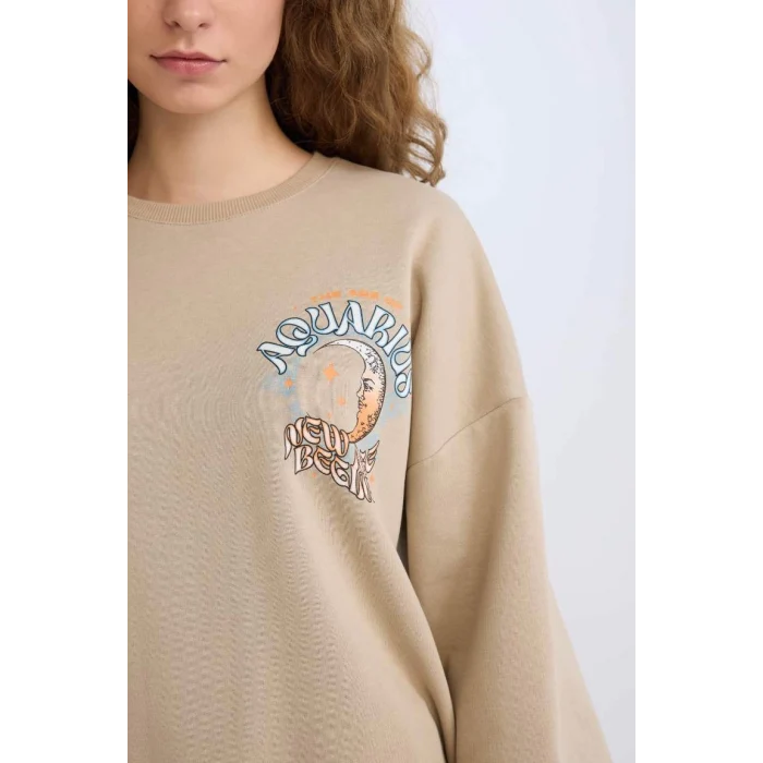 E1488 Loose Fit Bisiklet Yaka Sırt Baskılı Kalın Sweatshirt