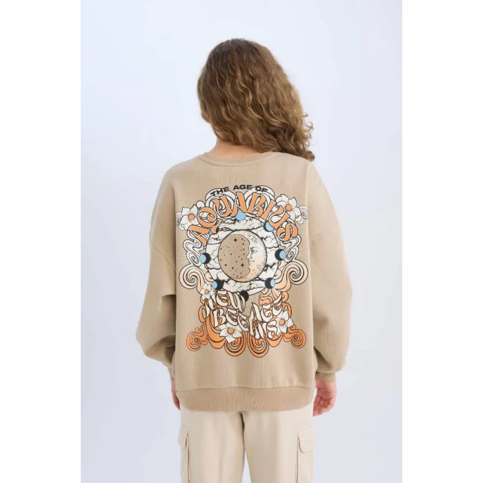 E1488 Loose Fit Bisiklet Yaka Sırt Baskılı Kalın Sweatshirt