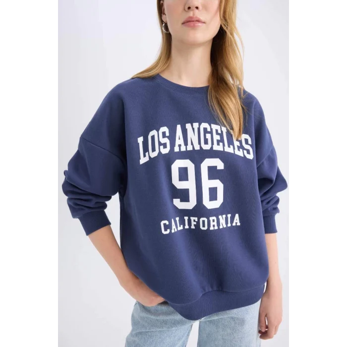 E1494 Coool Loose Fit Bisiklet Yaka Baskılı Kalın Sweatshirt