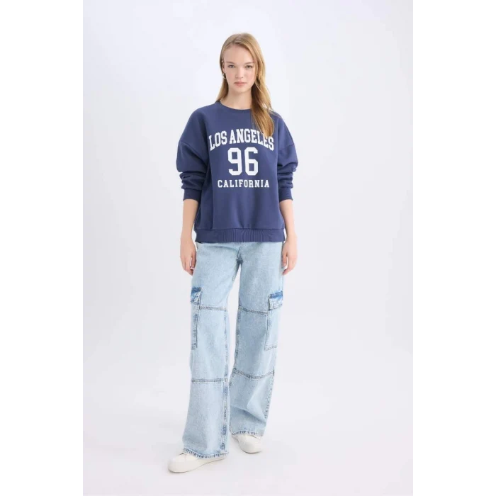 E1494 Coool Loose Fit Bisiklet Yaka Baskılı Kalın Sweatshirt