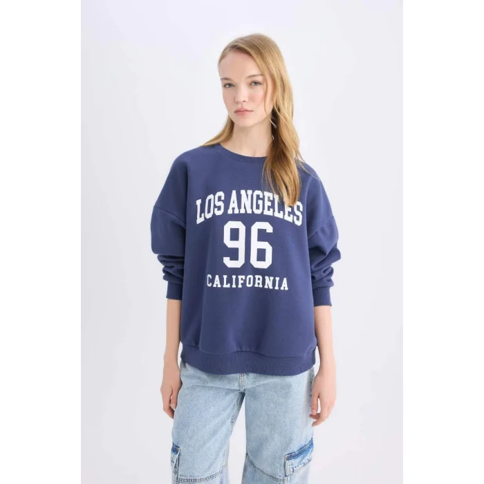 E1494 Coool Loose Fit Bisiklet Yaka Baskılı Kalın Sweatshirt