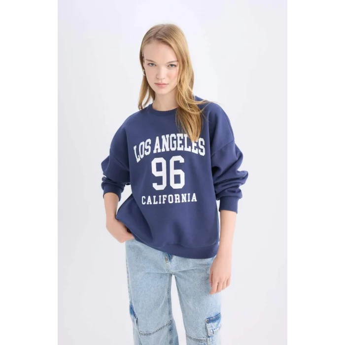 E1494 Coool Loose Fit Bisiklet Yaka Baskılı Kalın Sweatshirt