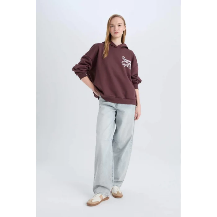 E1495 Coool Loose Fit Kapüşonlu Sırt Baskılı Kalın Sweatshirt
