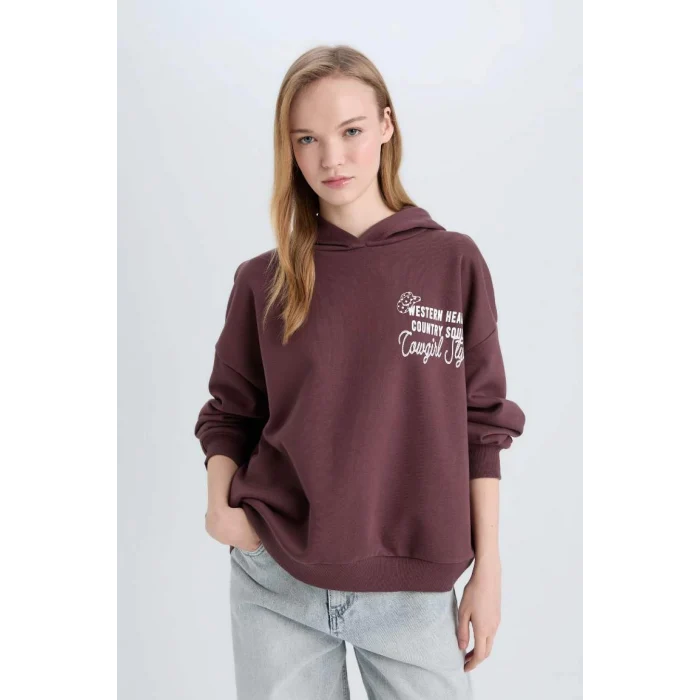 E1495 Coool Loose Fit Kapüşonlu Sırt Baskılı Kalın Sweatshirt