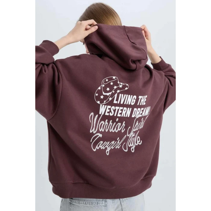 E1495 Coool Loose Fit Kapüşonlu Sırt Baskılı Kalın Sweatshirt