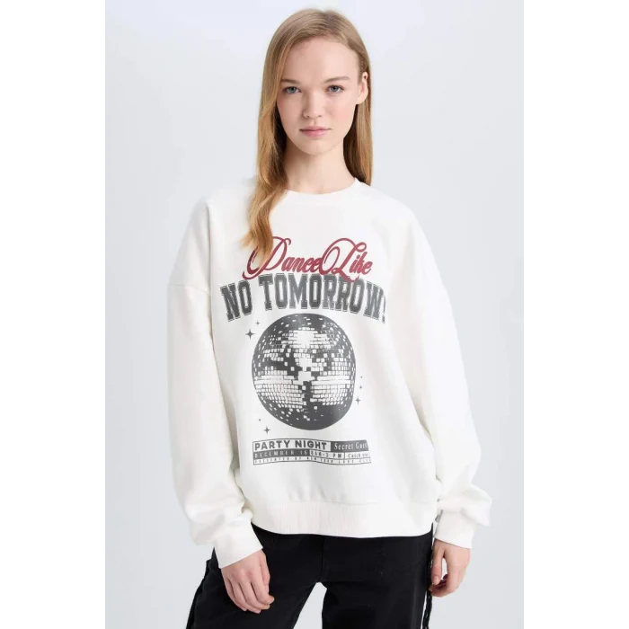 E1497 Coool Loose Fit Bisiklet Yaka Baskılı Kalın Sweatshirt