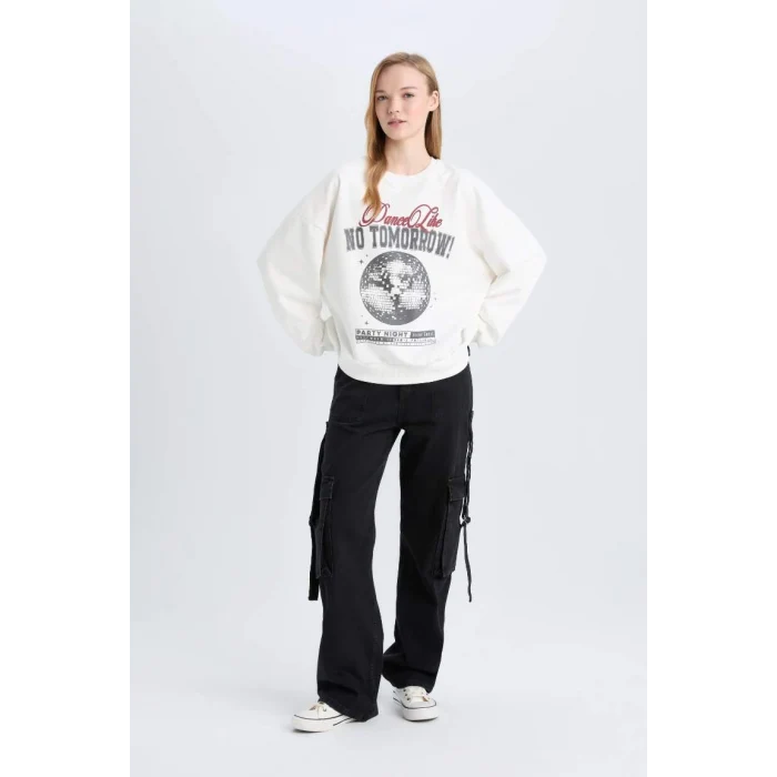 E1497 Coool Loose Fit Bisiklet Yaka Baskılı Kalın Sweatshirt