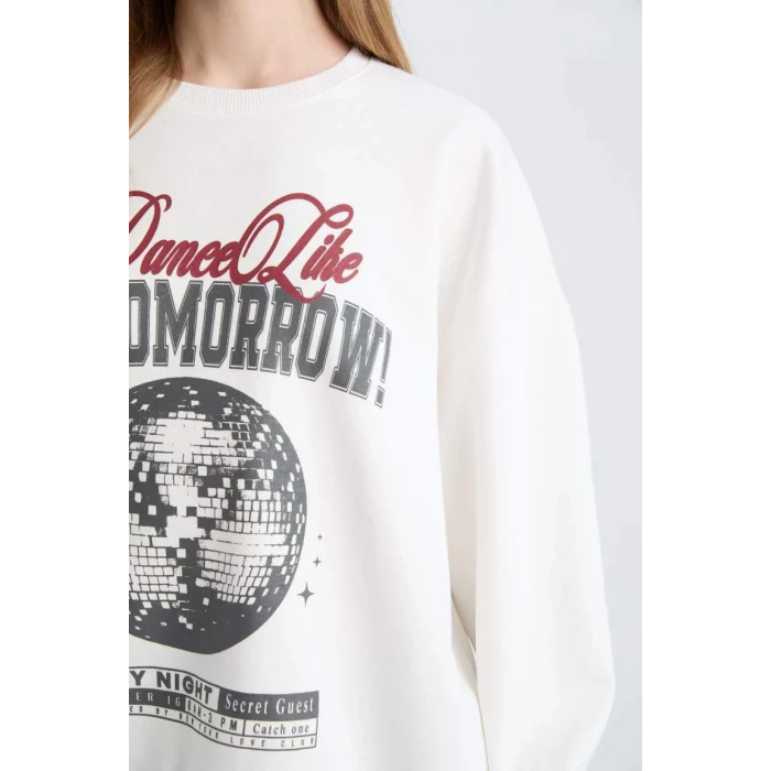 E1497 Coool Loose Fit Bisiklet Yaka Baskılı Kalın Sweatshirt