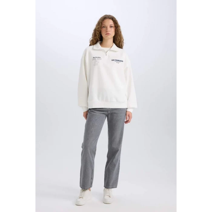 E1524 Oversize Geniş Kalıp Yarım Fermuarlı Sırt Baskılı Kalın Sweatshirt