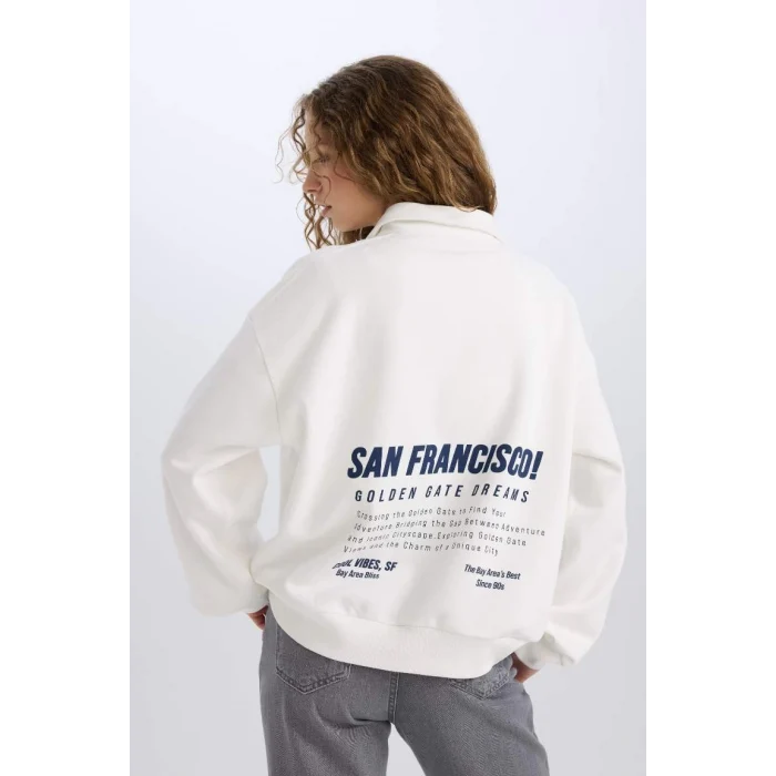 E1524 Oversize Geniş Kalıp Yarım Fermuarlı Sırt Baskılı Kalın Sweatshirt