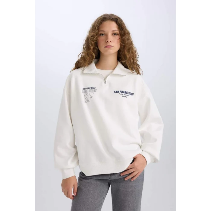 E1524 Oversize Geniş Kalıp Yarım Fermuarlı Sırt Baskılı Kalın Sweatshirt