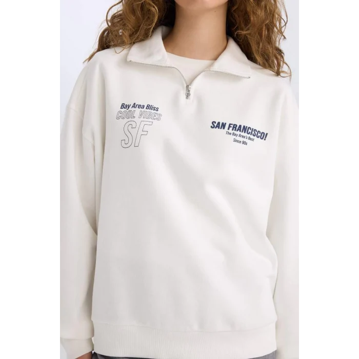 E1524 Oversize Geniş Kalıp Yarım Fermuarlı Sırt Baskılı Kalın Sweatshirt