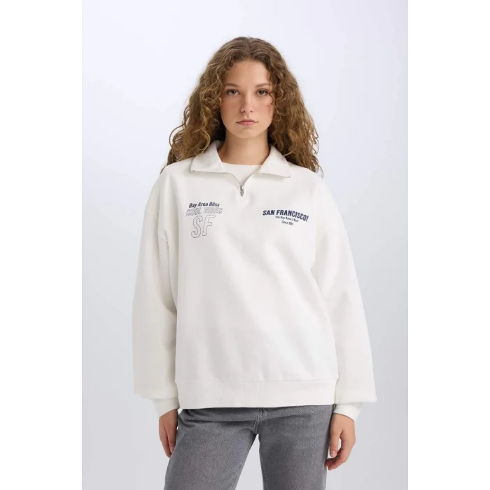 E1524 Oversize Geniş Kalıp Yarım Fermuarlı Sırt Baskılı Kalın Sweatshirt