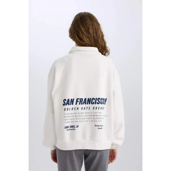 E1524 Oversize Geniş Kalıp Yarım Fermuarlı Sırt Baskılı Kalın Sweatshirt