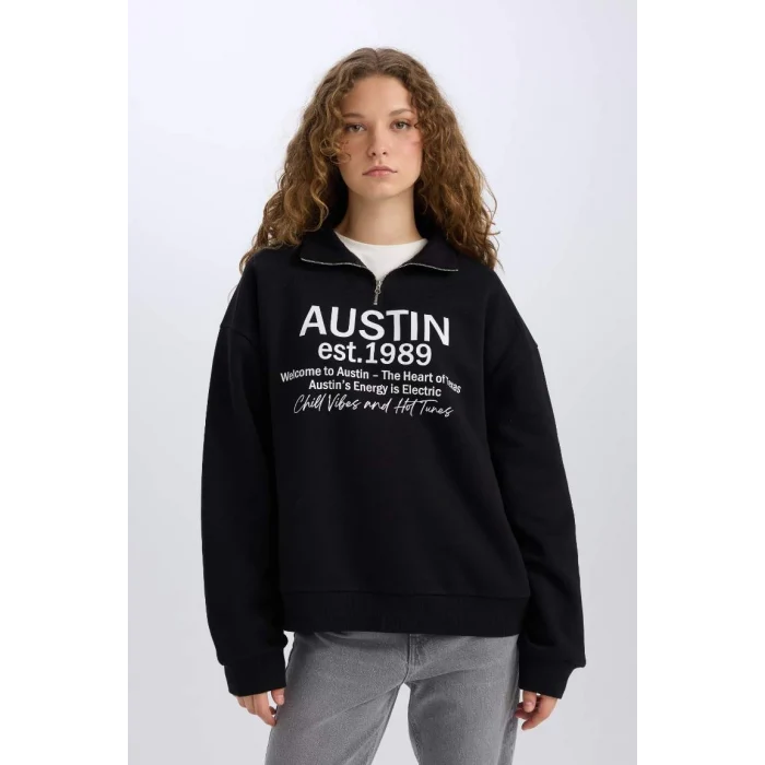 E1525 Oversize Geniş Kalıp Yarım Fermuarlı Sırt Baskılı Sweatshirt