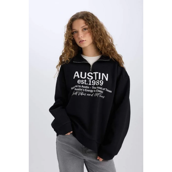 E1525 Oversize Geniş Kalıp Yarım Fermuarlı Sırt Baskılı Sweatshirt