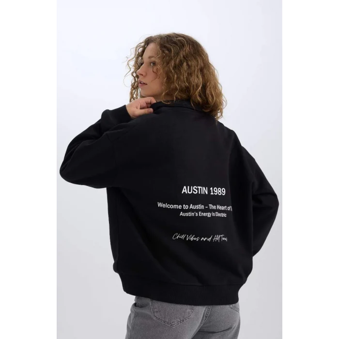 E1525 Oversize Geniş Kalıp Yarım Fermuarlı Sırt Baskılı Sweatshirt
