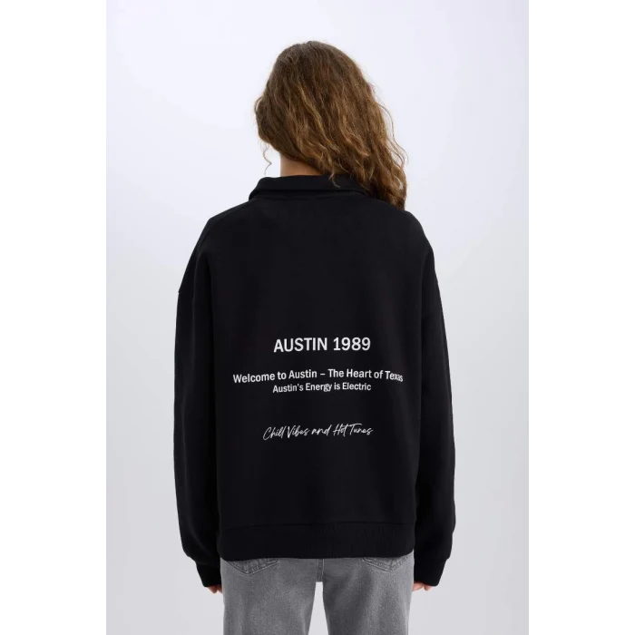 E1525 Oversize Geniş Kalıp Yarım Fermuarlı Sırt Baskılı Sweatshirt