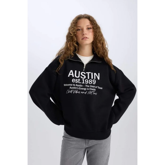 E1525 Oversize Geniş Kalıp Yarım Fermuarlı Sırt Baskılı Sweatshirt