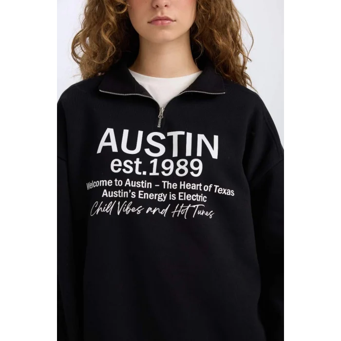E1525 Oversize Geniş Kalıp Yarım Fermuarlı Sırt Baskılı Sweatshirt