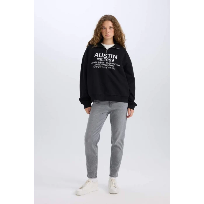 E1525 Oversize Geniş Kalıp Yarım Fermuarlı Sırt Baskılı Sweatshirt