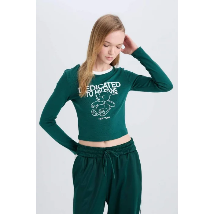 E1531 Coool Fitted Baskılı Bisiklet Yaka Ribana Uzun Kollu Tişört