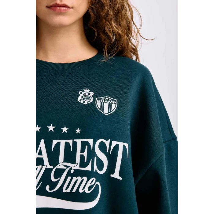 E1696 Loose Fit Bisiklet Yaka Baskılı Kalın Sweatshirt