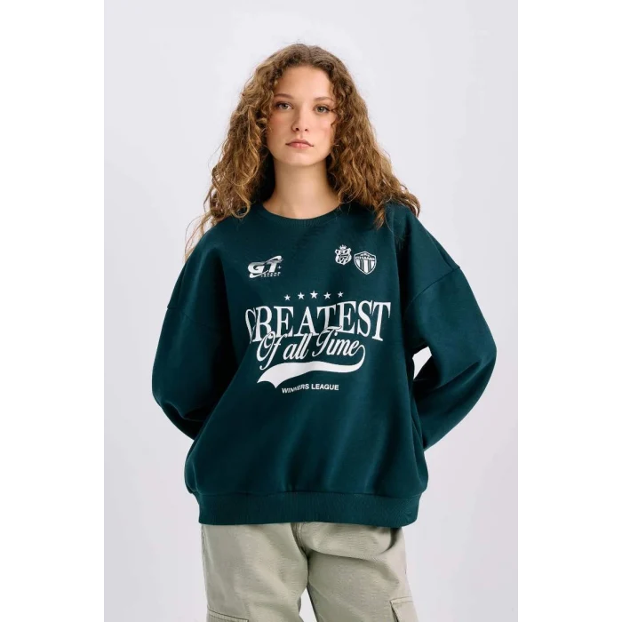 E1696 Loose Fit Bisiklet Yaka Baskılı Kalın Sweatshirt