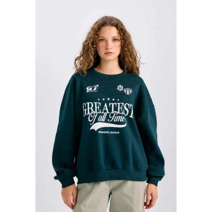 E1696 Loose Fit Bisiklet Yaka Baskılı Kalın Sweatshirt