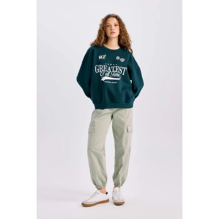 E1696 Loose Fit Bisiklet Yaka Baskılı Kalın Sweatshirt